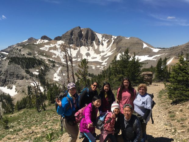 Coming from the aerial tram on Rendezvous Peak and ready to collect data on birds!