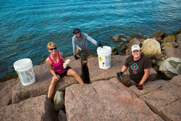 Zoo staff removing discarded fishing line and debris from the Surfside Jetty so it does not end up entangling/harming ocean animals.