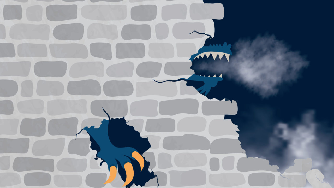 dragon blowing smoke through bricks